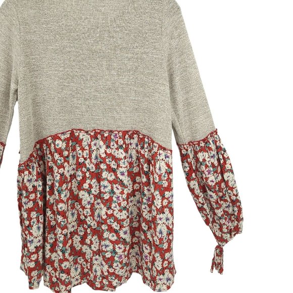 Easel Long Sleeve Knit Floral Tunic Top Womens Size Small Tie Sleeves Gray Red - Picture 10 of 13